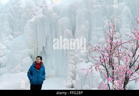 Shijiazhuang, China's Hebei Province. 13th Feb, 2016. People visit the frozen waterfall at the Blood Fairy Spring of Shijiazhuang, capital of north China's Hebei Province, Feb. 13, 2016. Credit:  Wang Xiao/Xinhua/Alamy Live News Stock Photo