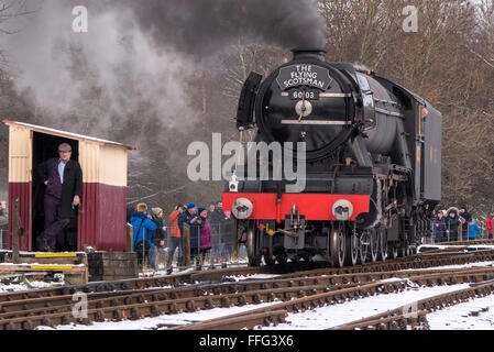 The newly restored Flying Scotsman locomotive on the East Lancashire railway undergoing tests. Stock Photo