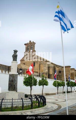 Christopher Columbus statue and Santa Clara Monastery where he stayed after his voyage to the Americas. Moguer, Huelva. Spain Stock Photo