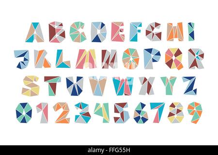 set of isolated fractal style, polygonal alphabet letters and numbers. vector, diamond font type icons. colorful mosaic letterin Stock Vector