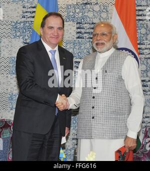 Indian Prime Minister Narendra Modi greets Swedish Prime Minister Stefan Lofven before their bilateral meeting during the inauguration of the Make in India Centre February 13, 2016 in Mumbai, India. Stock Photo