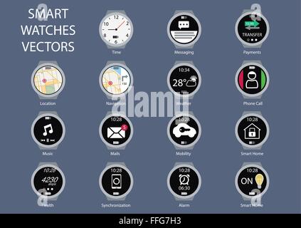 Flat design vector illustration icons of smart watch clock faces. Various isolated icons showing functionality of smart watches Stock Vector