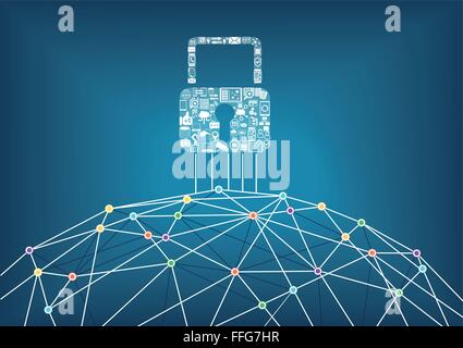 Global IT security protection concept of connected devices. World wide web background with lines connecting dots. Stock Vector