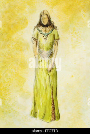 sketch of mystical woman  in beautiful ornamental dress  inspired by middle age design Stock Photo