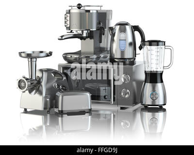 Kitchen appliances. Blender, toaster, coffee machine, meat ginder, microwave oven and kettle isolated on white. 3d Stock Photo