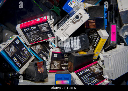 A mixed selection of Epson, HP, and canon inks ready for recycling Stock Photo