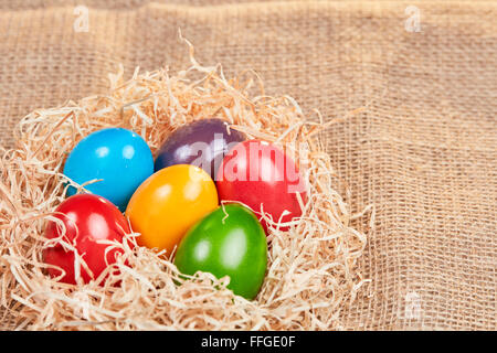 Easter nest of hay with six different colored eggs on jute background Stock Photo