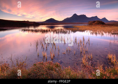 Sunrise over Ben Loyal, captured in early November  from the banks of Loch Hakel, near Tongue, in the North West Highlands of Sc Stock Photo