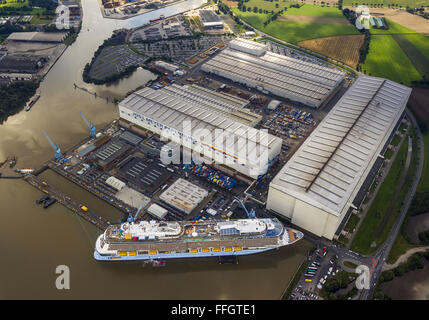 Aerial view, Shipyard, Papenburg Emshaven with Jos.L. Meyer Werft with the cruise ship Quantum of the seas, RoyalCaribbean,