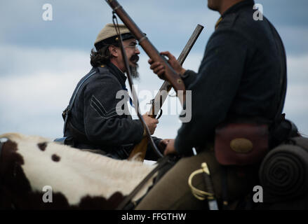 Two Confederate re-enactors hold patrol before the Battle of Cedar Creek near Middletown, Virginia. Hundreds of re-enactors throughout the country participated in the 151st anniversary of the battle. Stock Photo