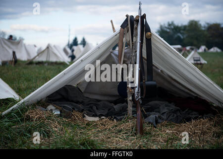 Hundreds of re-enactors throughout the country participated in the 151st anniversary of the battle at Cedar Creek in Virginia. While at the battlefield over the two-day event, the re-enactors try to recreate an accurate lifestyle when it comes to food and sleep, among other things. Stock Photo
