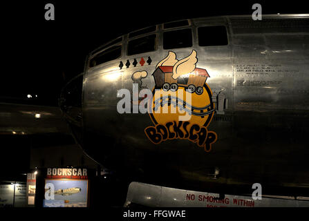 Bockscar is the name of the United States Army Air Forces B-29 bomber that dropped the 'Fat Man' nuclear weapon over Nagasaki on Aug. 9 1945. The 'Fat Man' was the second atomic weapon used against Japan during World War II. It was assigned to the 393d Bomb Squadron, 509th Composite Group. The name painted on the aircraft after the mission is a pun on 'boxcar' after the name of its aircraft commander, Capt. Frederick C. Bock. Stock Photo