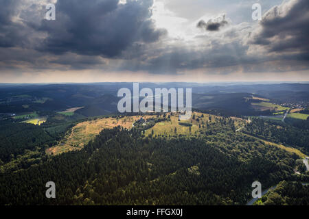 Aerial view, Kahler Asten low cloud cover, heathland, nature reserve, Astenturm, weather station Asten, Winterberg, Sauerland, Stock Photo