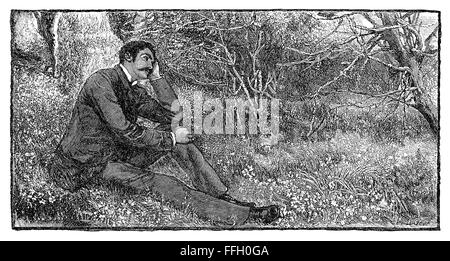 Black and white engraving of a contemplative Victorian man. Stock Photo