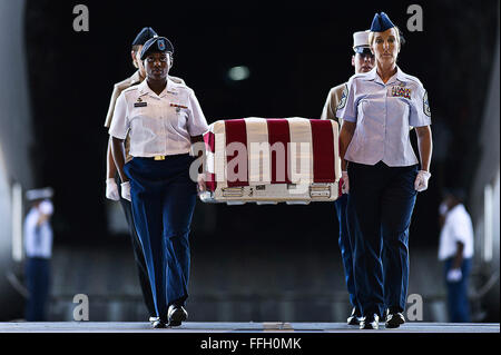 U.S. Army Pfc. Shantilla Robinson, (left front) U.S. Air Force Chief Master Sgt. Laura Noel, (right front) U.S. Navy Petty Officer 3rd Class India Davis (back left) and U.S. Marine Cassie McDole (back right) escort a flag-draped transfer case from a U.S. Air Force C-17 Globemaster III during the U.S. Joint POW/MIA Accounting Command Arrival Ceremony, Nov. 30, 2012, at Joint Base Pearl Harbor-Hickam. Stock Photo