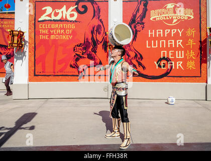 Los Angeles, California, USA. 13th Feb, 2016. A man performs during a celebration for promoting the 2016 China-US Tourism Year at Universal Studios Hollywood in Universal City, Los Angeles, California, on Feb. 13, 2016. The Universal Studios Hollywood together with the Consulate-General of China in Los Angeles and the China National Tourist Office in Los Angeles celebrated the Year of the Monkey and promoted the 2016 China-US Tourism Year at Universal Studios Hollywood on Saturday. Credit:  Zhang Chaoqun/Xinhua/Alamy Live News Stock Photo