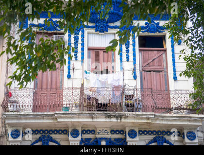 blue ornaments on beautiful house in old havana,cuba Stock Photo