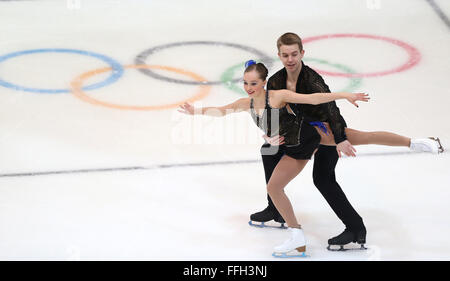 Hamar, Norway. 13th Feb, 2016. Justine Brasseur (L) and Mathieu Ostiguy of Canada compete during the Pairs Short Program of Figure Skating at Lillehammer 2016 Winter Youth Olympic Games in Hamar, Norway, on Feb. 13, 2016. Credit:  Han Yan/Xinhua/Alamy Live News Stock Photo