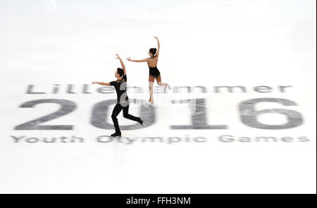 Hamar, Norway. 13th Feb, 2016. Irma Caldara (R) and Edoardo Caputo of Italy compete during the Pairs Short Program of Figure Skating at Lillehammer 2016 Winter Youth Olympic Games in Hamar, Norway, on Feb. 13, 2016. Credit:  Han Yan/Xinhua/Alamy Live News Stock Photo