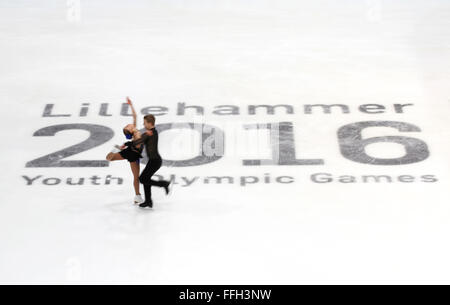Hamar, Norway. 13th Feb, 2016. Justine Brasseur (L) and Mathieu Ostiguy of Canada compete during the Pairs Short Program of Figure Skating at Lillehammer 2016 Winter Youth Olympic Games in Hamar, Norway, on Feb. 13, 2016. Credit:  Han Yan/Xinhua/Alamy Live News Stock Photo