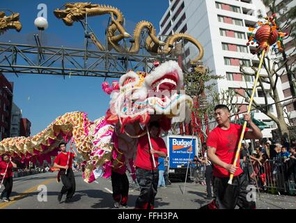 Los Angeles, USA. 13th Feb, 2016. Performers take part in the Chinese New Year Parade in Los Angeles, the United States, on Feb. 13, 2016. Credit:  Yang Lei/Xinhua/Alamy Live News Stock Photo