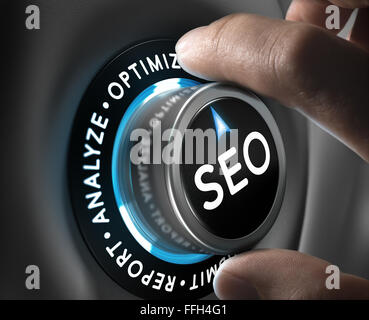 Man hand turning a knob in the optimize position. SEO process and planning concept. Stock Photo