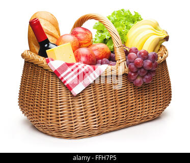 Picnic basket with fruit bread and wine Stock Photo - Alamy