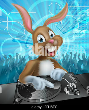 Cartoon Easter bunny DJ mixing at the the decks or turntables with dancing crowd partying in the background Stock Photo