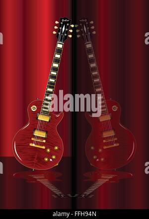 A typical solid body electric guitar with several reflections over a red background Stock Vector