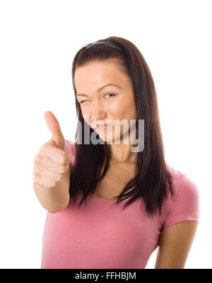 Smiling young blond woman showing thumbs up, isolated on white Stock Photo