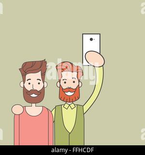 Men Bearded Couple Taking Selfie Photo, Two Gay Hipster Hold Smart Phone Stock Vector