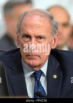 United States Senator Dan Coats (Republican of Indiana) listens as witnesses are questioned during an open hearing held by the US Senate Select Committee on Intelligence to examine worldwide threats on Capitol Hill in Washington, DC on Tuesday, February 9, 2016. Credit: Ron Sachs / CNP   - NO WIRE SERVICE - Stock Photo