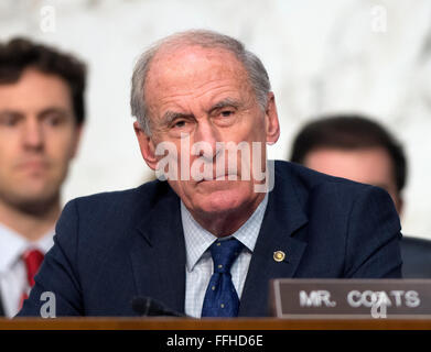 United States Senator Dan Coats (Republican of Indiana) listens as witnesses are questioned during an open hearing held by the US Senate Select Committee on Intelligence to examine worldwide threats on Capitol Hill in Washington, DC on Tuesday, February 9, 2016. Credit: Ron Sachs/CNP - NO WIRE SERVICE - Stock Photo