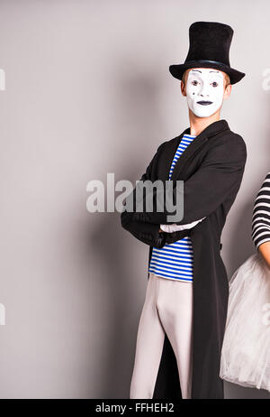 Elegant expressive male mime artist posing, april fools day Stock Photo