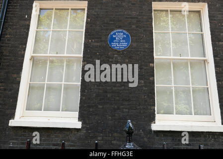 A commemorative blue plaque for Ram Mohun Roy (1772 - 1833) Indian Scholar on display on a wall in London, United Kingdom Stock Photo