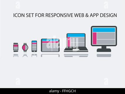 Vector icon set for responsive app development and web development on mobile devices such as smart phone, smart watch, wearables Stock Vector