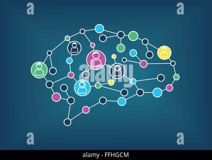 Swarm intelligence or crowd sourcing concept. Vector illustration of simplified brain with connections between nodes. Stock Vector