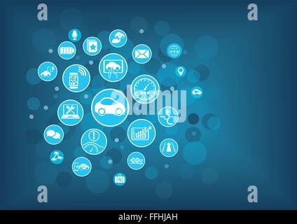Disruptive technology for connected and autonomously driving car. Sensors, connected devices vector illustration. Stock Vector