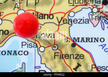 Close-up of a red pushpin in a map of Firenze (Florence), Italy. Stock Photo