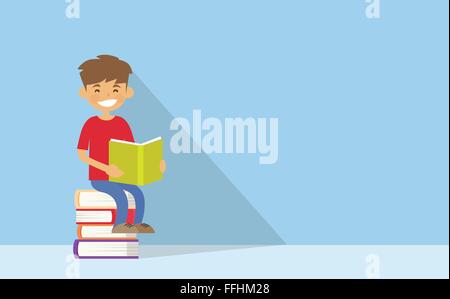 School Boy Reading Sitting on Stack Of Books Stock Vector