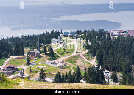 Grouse Mountain tourist area seen from the peak.  Stanley Park and Vancouver are in distance. Stock Photo