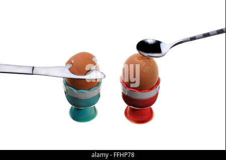 Two boiled eggs being opened. Stock Photo