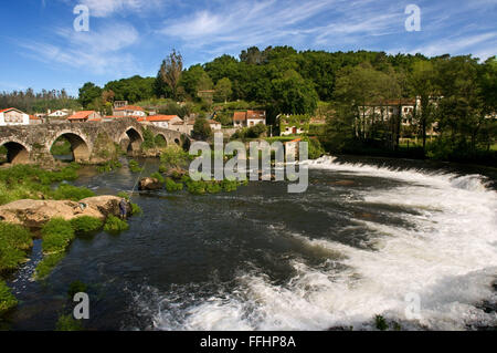 Way of St. James, Jacobean Route. Ponte Maceira, River Tambre, the most significant bridge all the way. It is a beautiful buildi Stock Photo