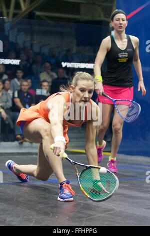 National Squash Centre, Manchester, UK. 14th Feb, 2016. British National Squash Championship Womens Final. Laura Massaro lunges for the ball. Credit:  Action Plus Sports/Alamy Live News Stock Photo