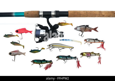 Spinning rod, reel and fishing baits isolated on white background, top view Stock Photo