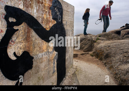 Way of St. James, Jacobean Route. Finis Terrae, Fisterre, Finisterre, A Coruña. Graffiti on the back of the Faro de Finisterre. Stock Photo