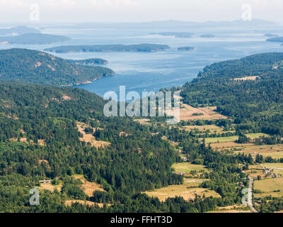 View from Baynes Peak at the summit of Mount Maxwell, Salt Spring Island, Canada. View towards Fulford Harbour, Portland Island. Stock Photo