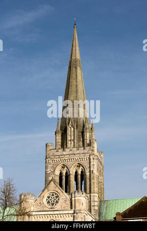 The tall spire of the holy trinity Cathedral in Chichester. A view that dominates the skyline in this West Sussex historic city. Stock Photo