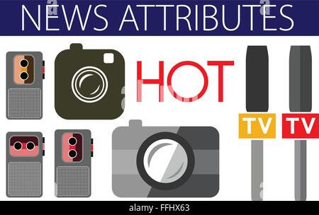 Hot news useful flat design icons. Devices: voice recorder, camera, digital camera, live, tv, mic. Vector illustration Stock Vector