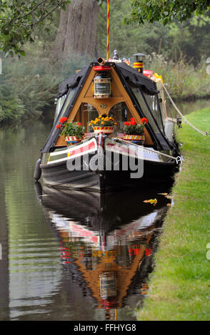 Narrow boat moored on the Llangollen Canal in Wales, UK. Stock Photo